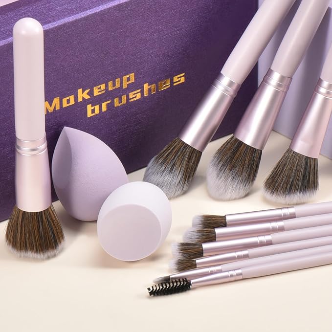 Gift Ready 10 Piece Purple Makeup Brushes Set and 2 Piece Makeup Sponge – Wooden Handle with Soft Synthetic Bristles, Concealer, Powder – (Ideal for Christmas, Birthday, Women)