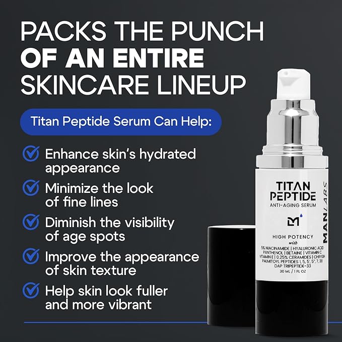 Titan Anti-Aging Peptides Serum for Face – High Potency Mens Peptide Serum Moisturizer – Mens Skin Care – Men, Dark Spots, Wrinkles, Fine Lines – Peptides, 5% Niacinamide, HA – Unscented