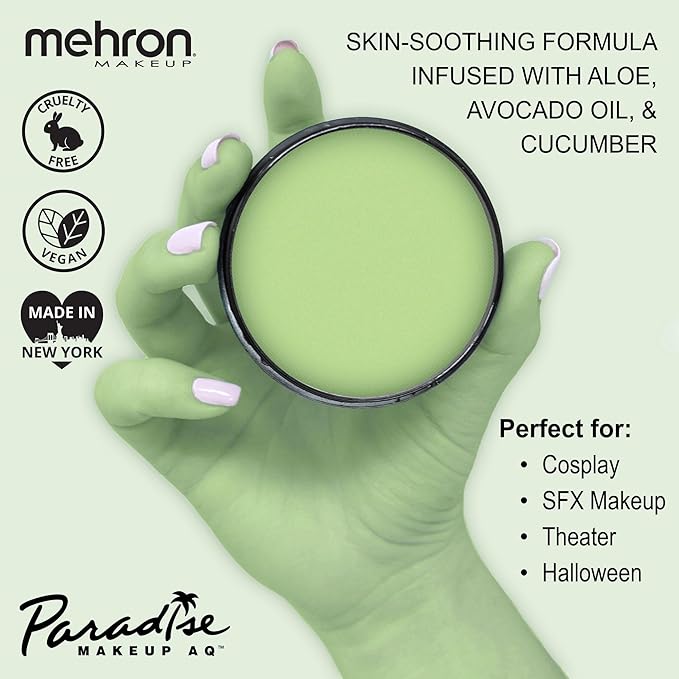 Mehron Makeup Paradise Makeup AQ Pro Size | Stage & Screen Performance, Face & Body Painting, Beauty, Cosplay, and Halloween | Water Activated Face Paint, Body Paint 1.4 oz (40 g) - Pastel Green