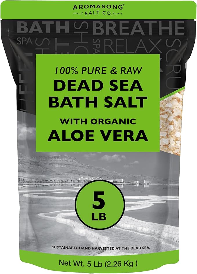Aromasong 5 lbs Raw Dead Sea Salt with Organic Aloe Vera, not Cleaned, Still Contains All Dead sea Minerals Including Dead sea Mud, Fine Medium Grain Large resealable Bulk Pack (Packaging May Vary)