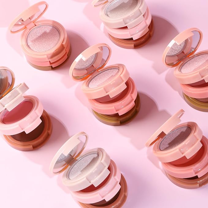 3-in-1 Blendable Trio, Contour and Highlight Blush Makeup Palette, Cream Bronzer, Silky Smooth Powder Blush, Shimmer Highlighter Makeup Powder, Pink Brown Eyeshadow Palette with Mirror(01)