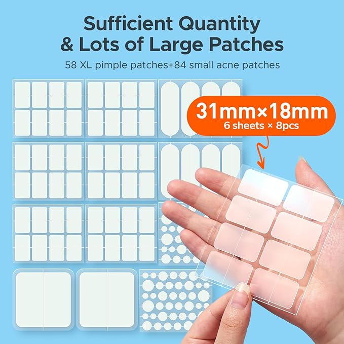 Large Acne Patches for Face, 7 Sizes Big Pimple Patches, XL Hydrocolloid Bandages for Body, Chin, Forehead, Nose, Back Blemish Zit Breakouts, Hydrocolloid Patch (Square, Strip, Dot 142 Count)