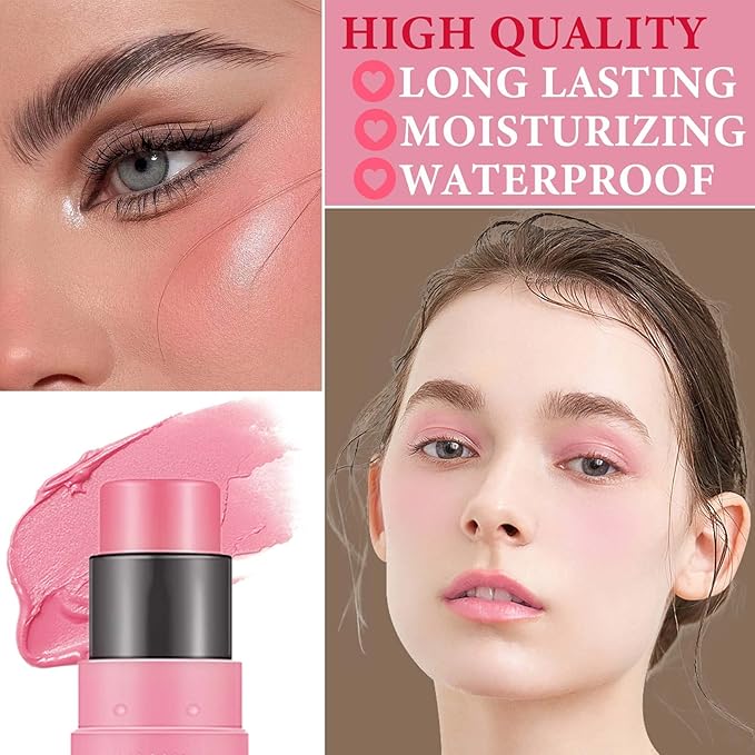Cream Blush Stick,Blush Stick for Cheeks with Contour Tea Pink）