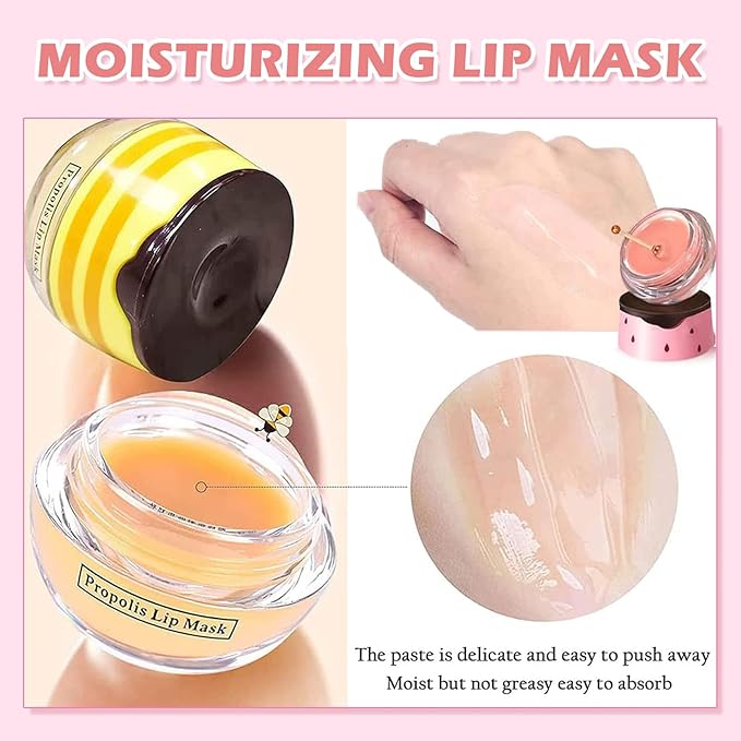 Bee Lip Balm Honey Pot,3 PCS Strawberry&Honey&Watermelon Lip Sleeping Mask,Hydrating Prevention Dry and Cracked Lip Scrubs Exfoliator Lip Care,Moisturizing Lip Mask Overnight Reduces Lip Lines