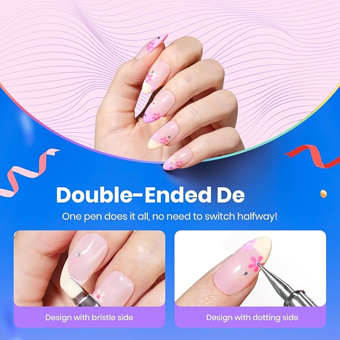 Beetles Nail Art Brushes, 8pcs Double-headed Nail Art Tool Set, Nail Dotting Tools, Striping Nail Art Brushes for Lines, Nail Drawing Pen with Bow knot Stickers Gift for Women