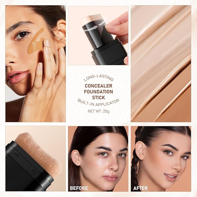 2PCS Long-Lasting Concealer Foundation Stick, Full Coverage Foundation Stick, 2-in-1 Contouring foundation with Brush, Cover Blemishes for All Skin Types (05#Dark Wheat)