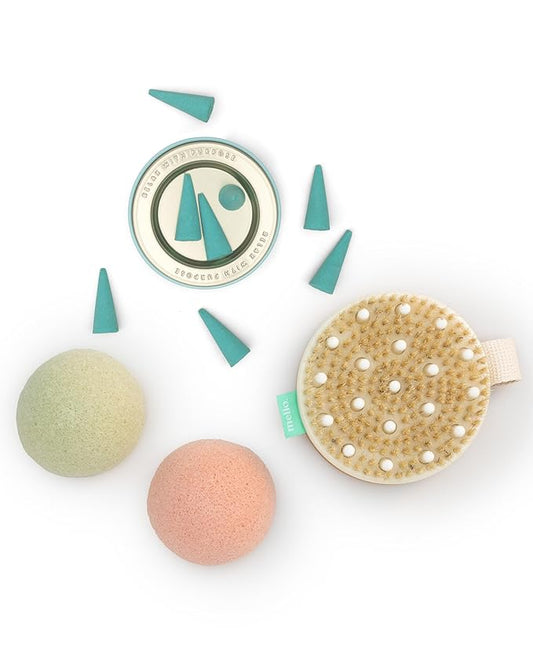 Mello Bath Accessories Deep Soak | Self Care Gifts for Women | Spa Gifts for Women & Relaxation Gifts for Women | Bath Accessories Includes Konjac Sponge, Incense Cones & Exfoliating Brush