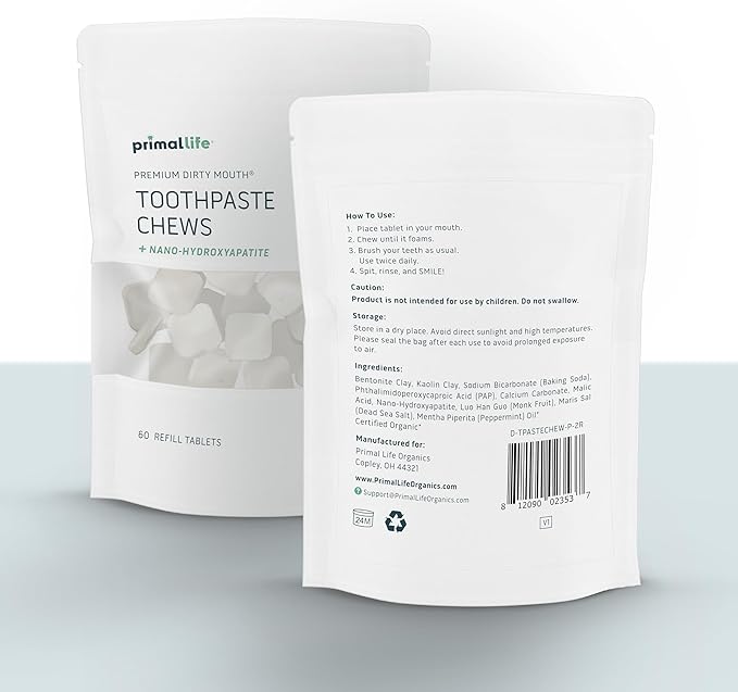 Primal Life Organics Premium Dirty Mouth Toothpaste Chews – Nano-Hydroxyapatite Whitening Toothpaste Tablets for Adults - Gluten Free, Vegan, Paleo - 60 Tablets in Bag - Polished Peppermint