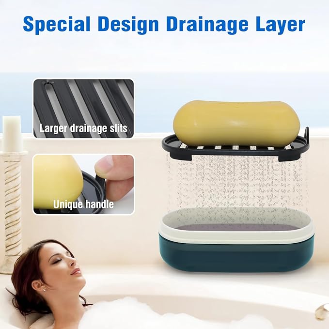 Travel Soap Container, Soap Dish with Lid, Travel Soap Box with Removable Draining Layer, Portable Soap Case for Traveling, Camping, Gym (Blue Style A)
