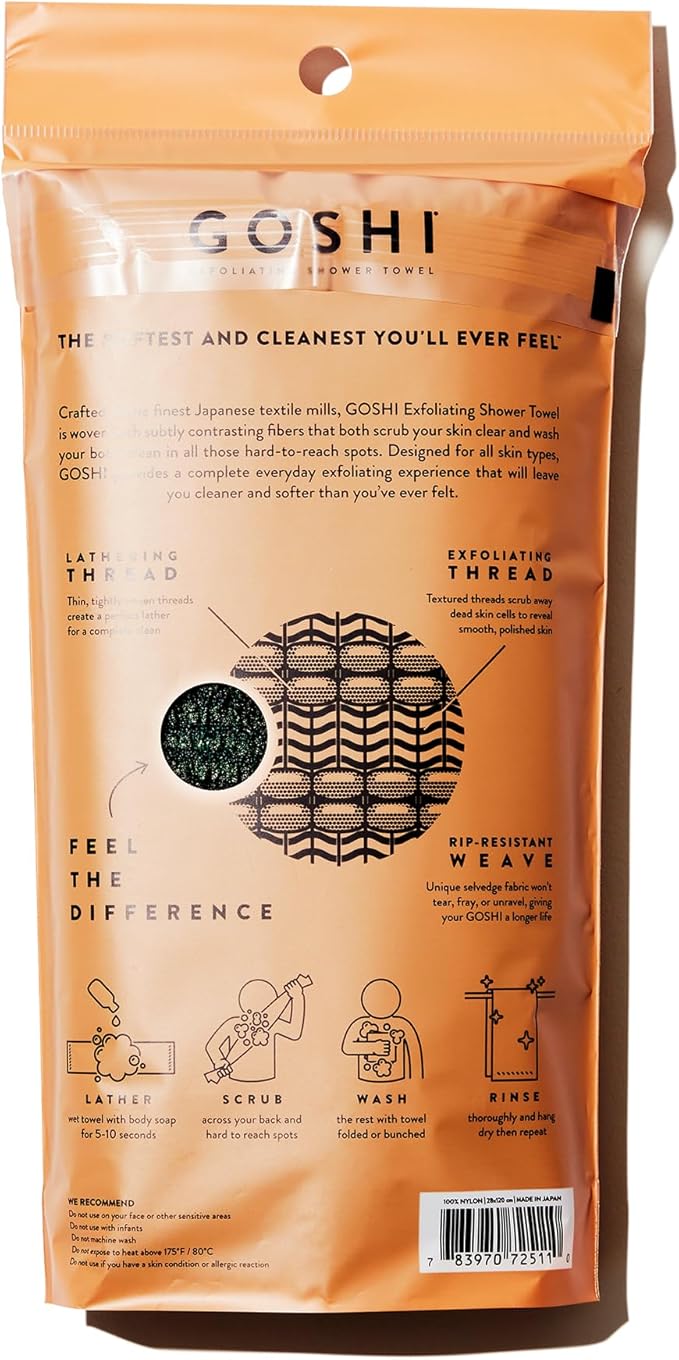 GOSHI Exfoliating Shower Towel - Rip-Resistant Exfoliating Washcloth for All Skin Types - Moss Green - Made in Japan