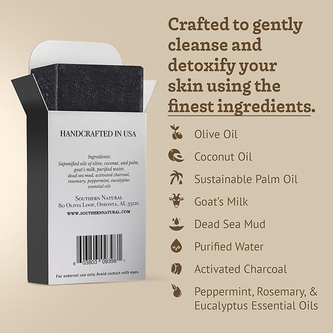 Southern Natural Activated Charcoal Soap Bar (3 Pack) Face and Body Soap For Sensitive Skin With Dead Sea Mud, Goat Milk & Peppermint Essential Oil