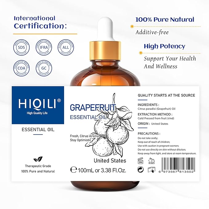 HIQILI 100 ml Grapefruit Essential Oil, for Diffuser, Skin Care, 100% Pure and Natural - 3.38 Fl Oz