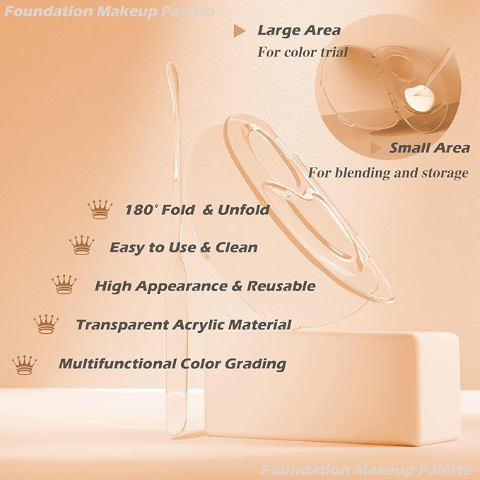 180 Degree Folding Acrylic Makeup Mixing Palette, Plastic Foundation Makeup Facial Palette with Felt Bag, Transparent Spatula Tool for Eyeshadow Liquid Foundation Cosmetic Pigment Mixing