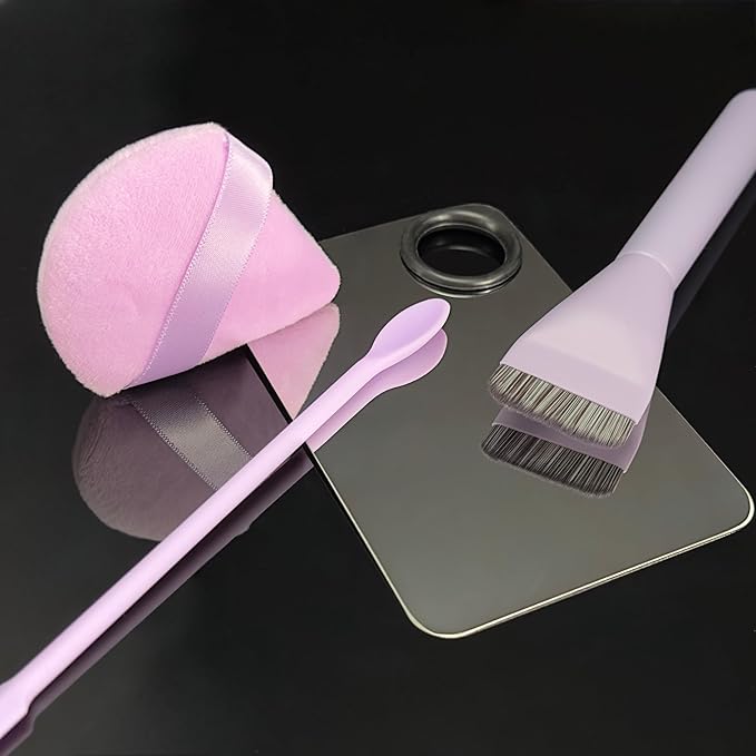 Makeup Brush Set - Flat Foundation Brush, Blender Sponge, Face Spatula, Puff & Heart-Shaped Mixing Palette with Leather Case – Complete Face Makeup Tool Kit for Blending, Foundation & Application