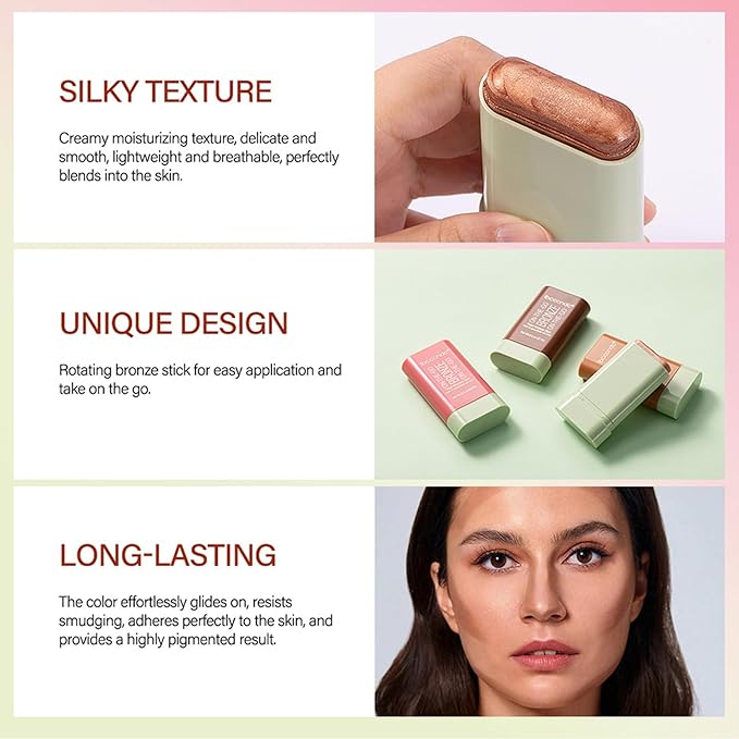 On-The-Go Bronzer Stick,Multi-Use Cream Contour Stick,Natural Long Lasting Face Bronzer,Smooth Highlighter Contour Stick,Bronze Contour Makeup Facial Shaping,04 Beach Glow