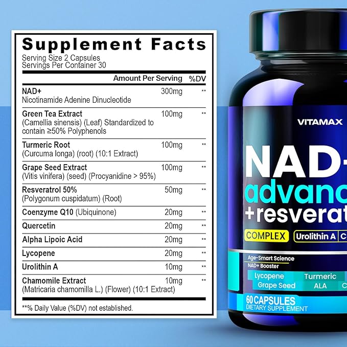 NAD Supplement Extra Strength - Liposomal + Resveratrol for Women & Men, CoQ10, Alpha Lipoic Acid, Green Tea, Quercetin, Urolithin A, Lycopene – High Purity Anti-Aging, Energy & Regeneration – 60ct