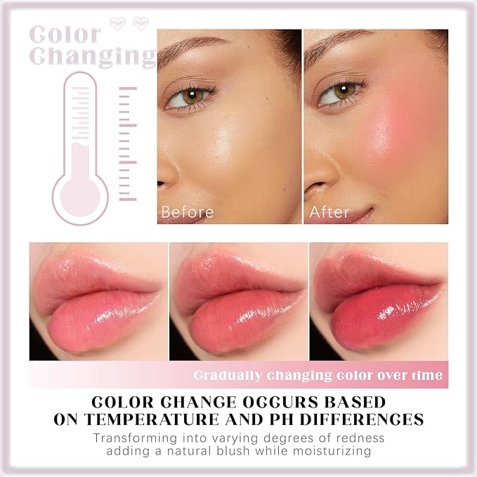 Cooling Water Jelly Tint Cream Blush, Color Changing Blush for Lip and Cheeks, Magic Lip Balm Lip Tinted Jelly Stain, Watercolor Finish Long Wear Multi-Use Cream Blush Gel Lip Gloss Makeup
