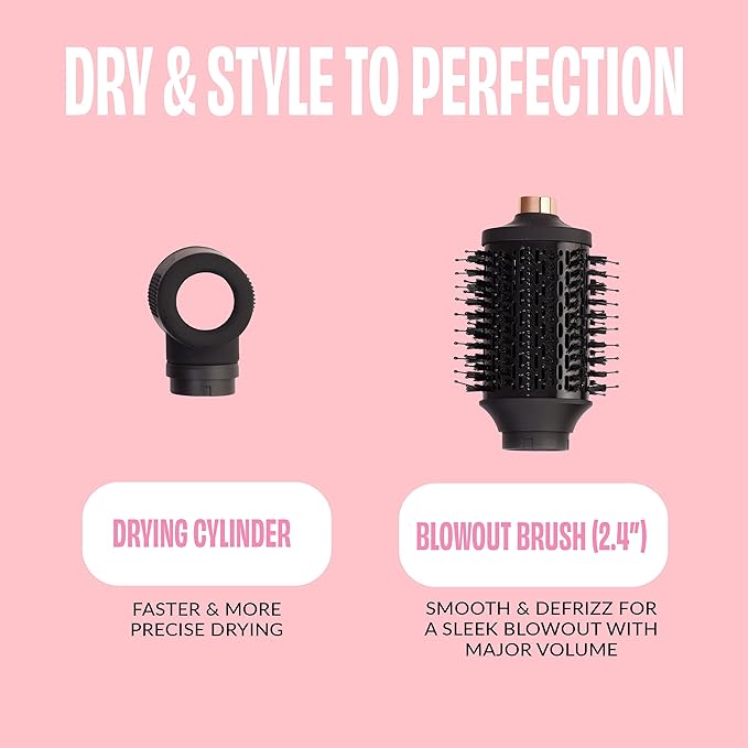 FoxyBae Super Styler Pro Interchangeable 5 in 1 Hair Styler Wand Curling Iron Set - w/Drying Cylinder, Ceramic Blowout & Round Brushes, 2 Auto-Wrap Curlers - Frizz-Free, Smooth Hair [Black Rose-Gold]