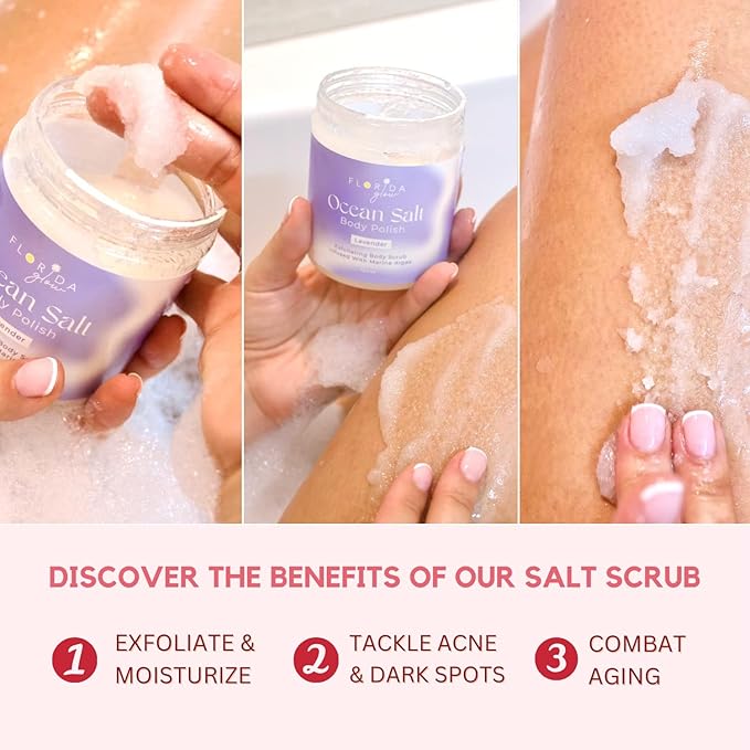 Sea Salt Body Scrub by Florida Suncare - Ocean Salt Body Polish Infused with Marine Algae - Exfoliating Face and Body Scrub - Facial Scrub Exfoliator to Tackle Acne (Grapefruit, 3.3 oz)