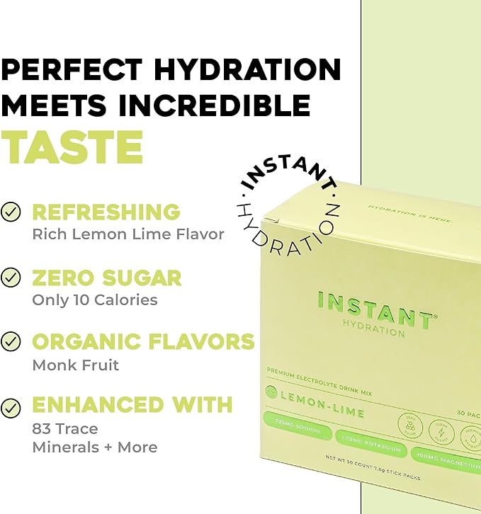 Instant Hydration Electrolytes Powder Packets - Lemon Lime Drink Mix - Zero Sugar - Keto, Vegan, Gluten-Free, Non-GMO - Boost Recovery, Brain Health, Muscle & Tissue Support- 30 Sticks