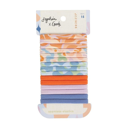 Goody X Sophia Yeshi Ouchless Hair Ties, Seamless Elastic Bands, Secure & Damage Free Hold, No Snag or Pull, Gentle Styling Accessories for Women & Men, All Hair Types, Bold Prints & Colors - 15 Ct