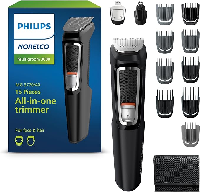 Philips Norelco Multigroom 3000 Series, All-in-One Trimmer, Beard Trimmer and Hair Clipper, 15-Piece Men's Grooming Kit for Head, Beard, Face, Nose, Ears, No Blade Oil Needed, Soft Pouch, MG3770/40