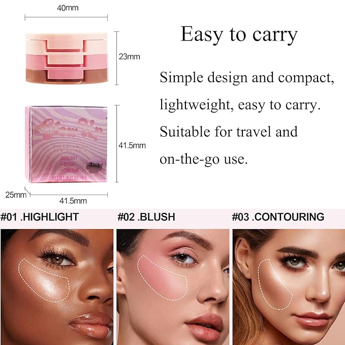 3-in-1 Blendable Trio, Contour and Highlight Blush Makeup Palette, Cream Bronzer, Silky Smooth Powder Blush, Shimmer Highlighter Makeup Powder, Pink Brown Eyeshadow Palette with Mirror(01)