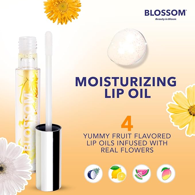 Blossom Moisturizing and Hydrating Shimmer Sparkle Lip Oil with Olive Oil + Grape Seed Oil, Infused with Real Flowers, 3g, Mango