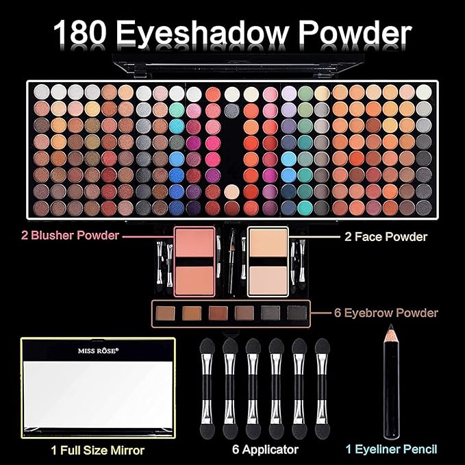 190 Colors Cosmetic Make up Piano Box Set,Combination with Eyeshadow /Facial Blusher /Eyebrow Powder /Eyeliner Pencil /Mirror,All-in-1 Makeup Gift Set (Color A)