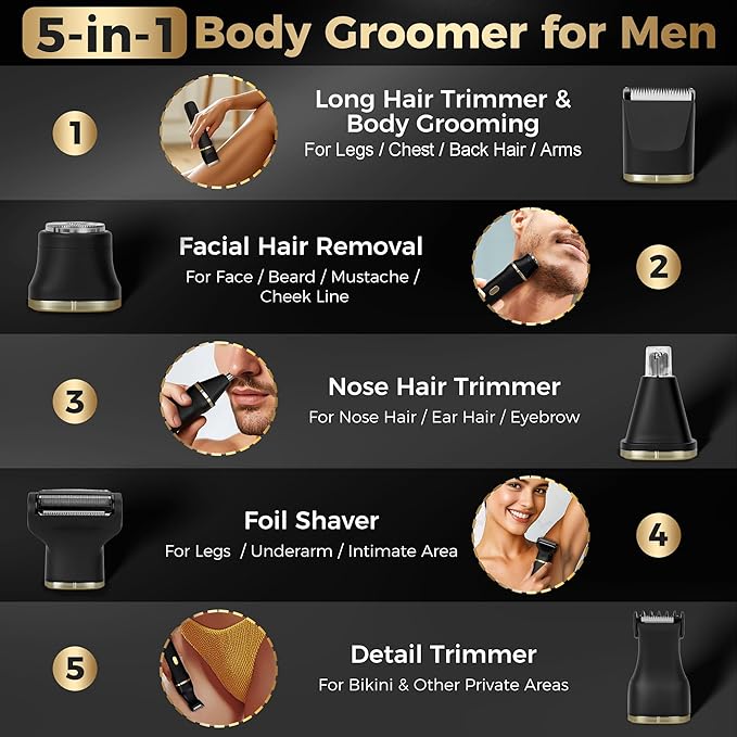 Bikini Trimmer for Women, 5-in-1 Waterproof Electric Razors for Women, Painless Pubic Hair Trimmer, Rechargeable Electric Shaver, Bikini Razor with Travel Case, Body Shaver & Face Nose Trimmer, Black