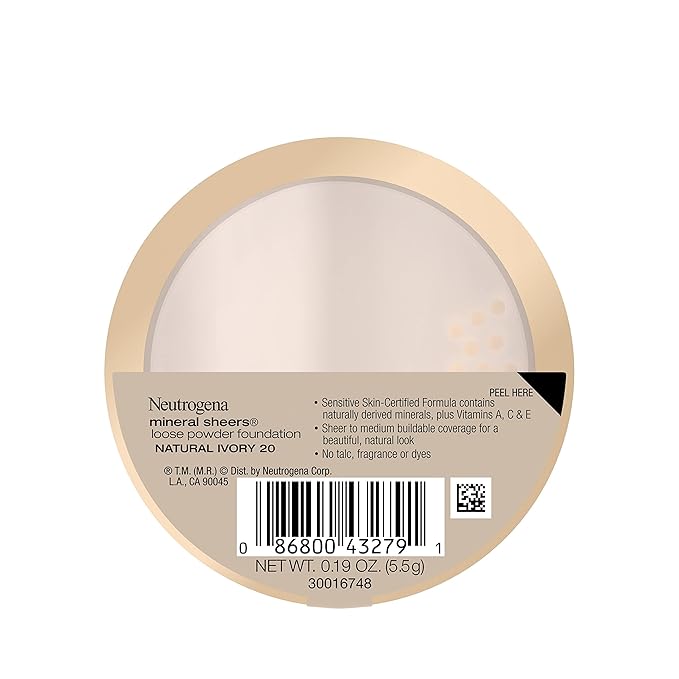 Neutrogena Mineral Sheers Loose Powder Makeup Foundation, Lightweight Face Makeup, Sheer to Medium Buildable Coverage, Sensitive Skin Foundation with Vitamins A, C, & E, Natural Ivory 20, .19 oz