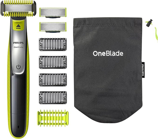 Philips OneBlade Hybrid Body and Face Stubble Trimmer with 4 x Lengths, 2 Extra Blade and Travel Pouch,