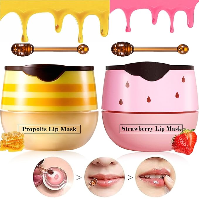 2 Pcs Lip Balm Honey Pot Lip Treatment Overnight Lip Sleeping Balm Strawberry Honey Pot lip Mask Moisturizing Exfoliating Prevent Dry & Cracked Diluting Lip Lines (Honey & Strawberry)