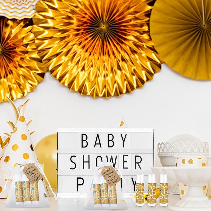 Demissle 50 Pcs Baby Shower Lip Balm Gift Set with 100 Pcs Organza Bags Baby Shower Party Favor for Guest Thank You Tag Rope Baby Shower Party Decoration Gender Reveal Souvenirs(Colorful Stripes)