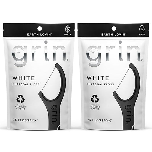 GRIN White Charcoal Infused Flosspyx, 75 Count, Dental Flossers, Minty Flavor, Recycled Plastic, Charcoal Infused Floss Picks, Premium Longer Floss Head, Easy Slide, Includes Soft Fold-Back Tooth Pick