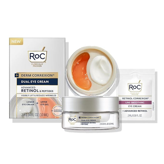 RoC Derm Correxion Dual Eye Cream with Advanced Retinol + Peptides for Puffy Eyes and Dark Circles, (.68 oz) with Retinol Under Eye Cream Packette