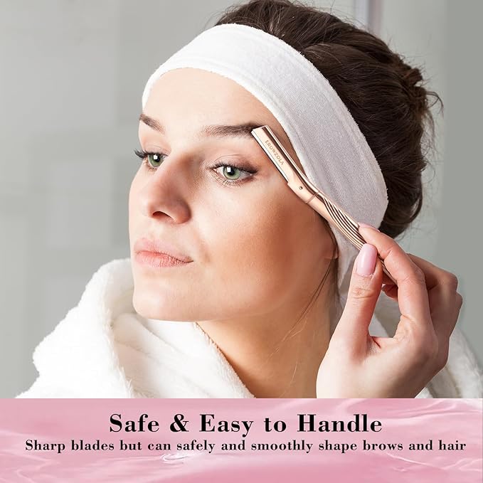 Dermaplaning Tool for Face, Eyebrow Razor for Women and Men, Eyebrow Trimmer and Facial Shaver Dermaplane Razor for Peach Fuzz Hair and Exfoliation, Includes 6 Blades (Rose Gold)