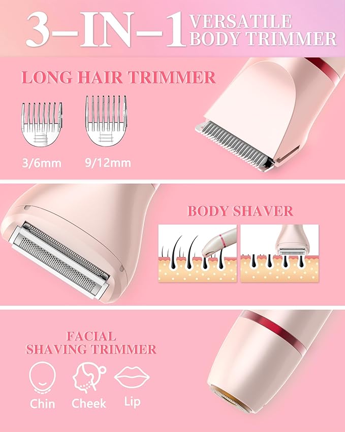 Bikini Trimmer for Women, Electric Razor for Pubic Hair 3-in-1, Bikini Shaver for Legs Body Hair, Womens Electric Razor IPX6 Waterproof, Gifts for Women,Pink