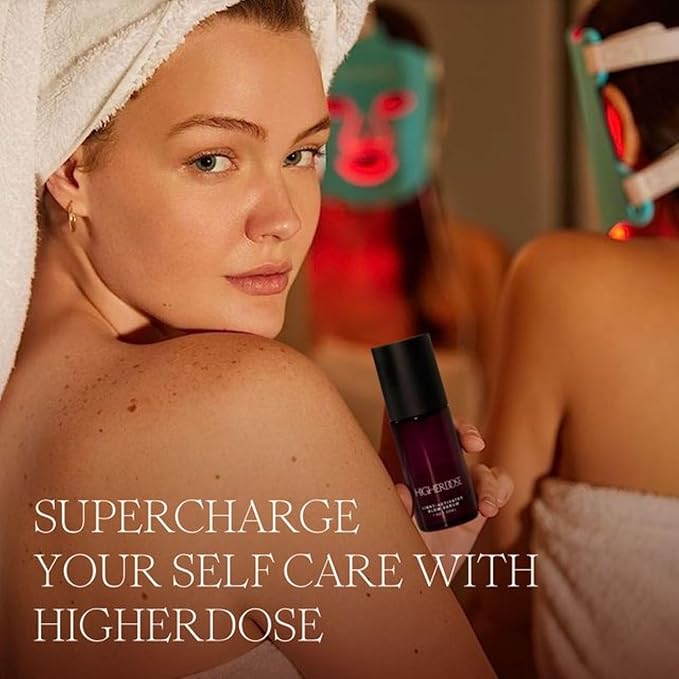HigherDOSE Light-Activated GLOW SERUM - Anti Aging Face Serum to Plump, Hydrate & Smooth Fine Lines - Made with Vitamin C, Copper Peptides & Hyaluronic Acid - Boosts Benefits of Red Light (1 oz)