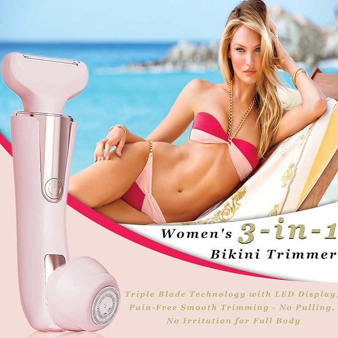 Bikini Trimmer for Women 3 in 1 Body Shaver | No Nick Replaceable Dual Heads | Rechargeable Electric Razors for Pubic Hair with LCD Display | Women's Bikini Area, Face, Legs & Underarms Trimmer