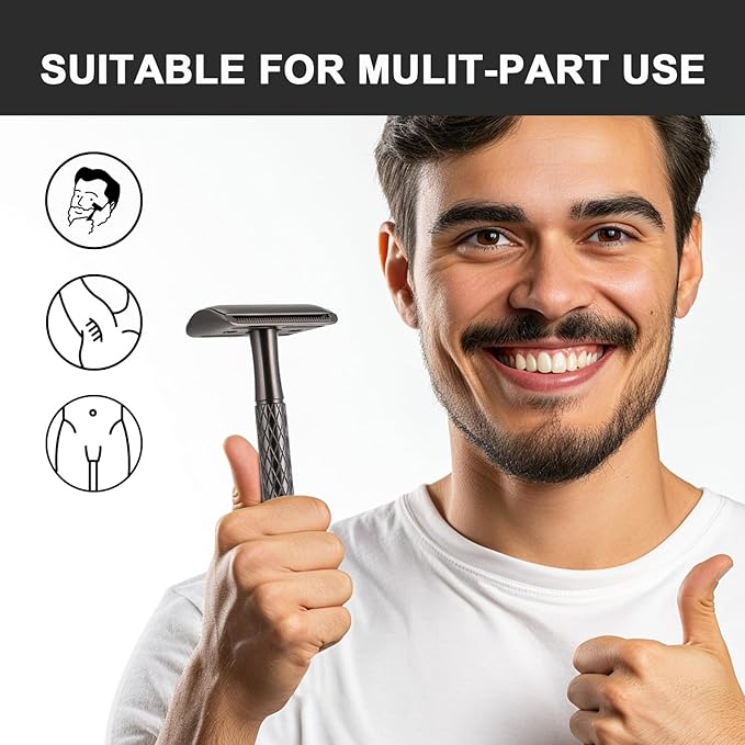 Double Edge Safety Razor for Men with Stand and Silicone Cover - Durable Metal Eco-Friendly Single Blade Safety Razor with 10 Blades - Closed Smooth Shave Matte Black