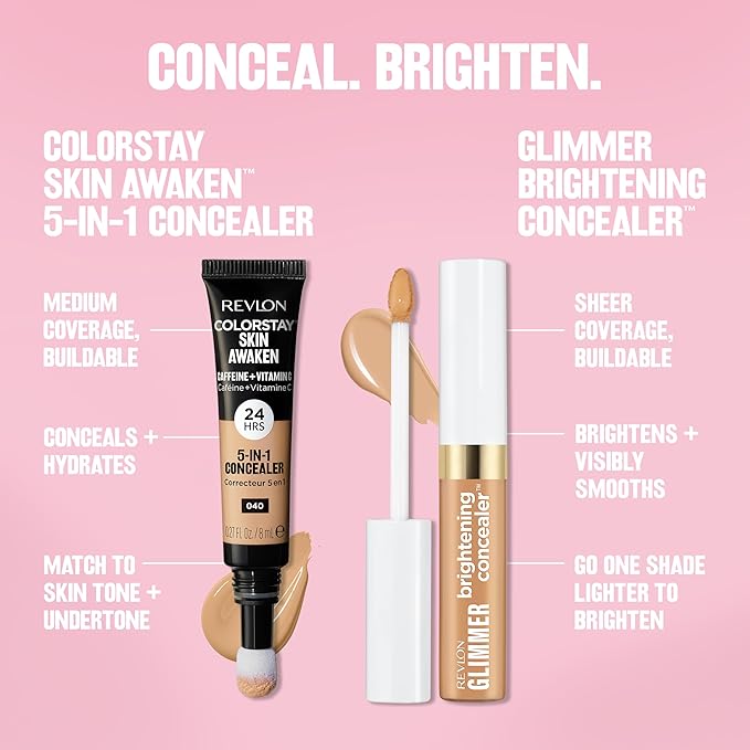Revlon Glimmer Correcting Concealer, Liquid Under Eye Makeup, Made with Caffeine, Vitamin C, & Stevioside, 105, 0.3 fl oz