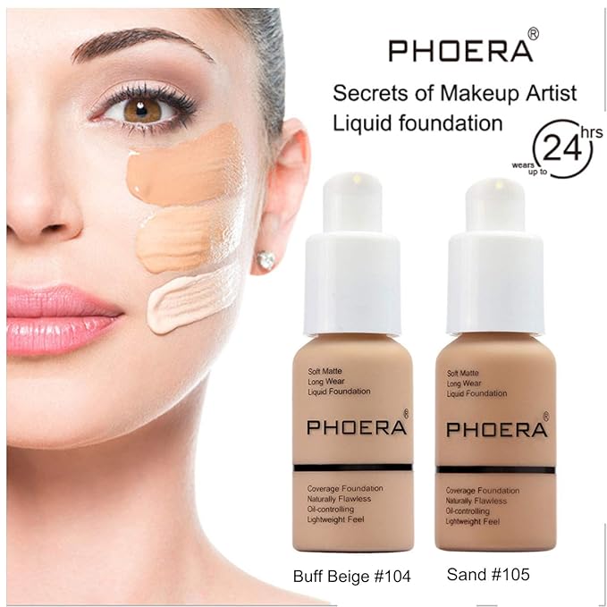 2 Pcs Liquid Foundation Full Coverage 24HR 30ml Matte Oil Control Foundation Makeup Concealer (Buff Beige & Sand) with Kabuki Foundation Brush Flat Top