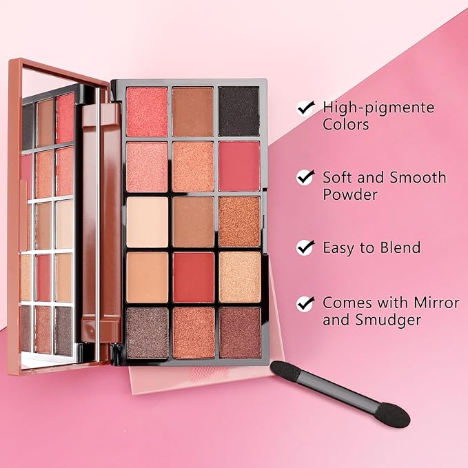 Boobeen 15 Colors Eyeshadow Palette, Highly Pigmented Matte and Shimmer Eye Shadow (with smudger), Soft Powder Eye Makeup Palette for Women and Girls, Create Flawless Glam Eye Looks