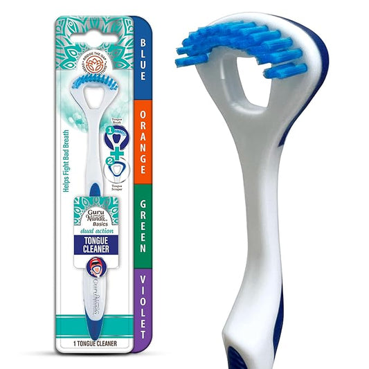 GuruNanda Dual Action Tongue Scraper (1 Pack), 2-in-1 Tongue Scraper & Soft Bristled Brush, Deep Cleans & Fights Bad Breath - Color Varies