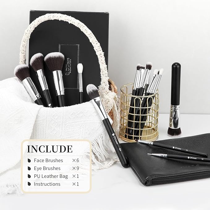 DUcare 15pcs Classic Black Makeup Brush Set with Bag Professional Soft Synthetic Foundation, Blending, Eyeshadow, Powder, Concealer Brushes for Flawless Makeup Application
