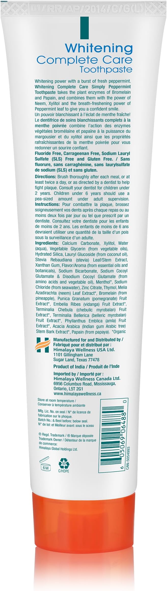 Himalaya Botanique Complete Care Whitening Toothpaste, Simply Peppermint, Fluoride Free for a Clean Mouth, Whiter Teeth and Fresh Breath, 5.29 oz, 4 Pack