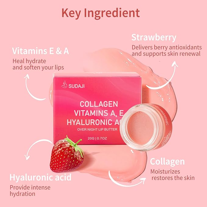 Lip Mask, Collagen Hydrating Lip Balm, Overnight Moisture Lip Butter with Hyaluronic Acid & Aloe Vera, Sleeping Nourishing Lip Butter Balm