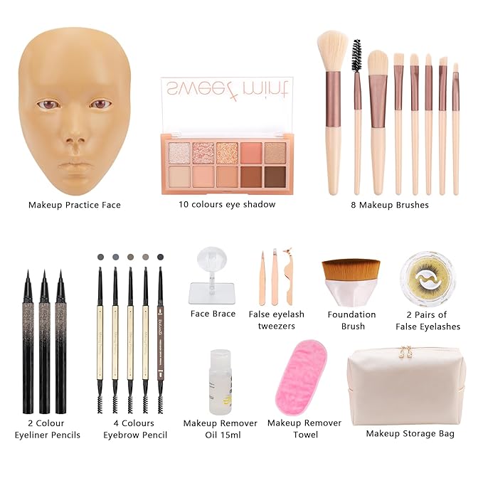 3D Makeup Practice Face Board,Reusable Silicone Makeup Practice Face/Makeup Mannequin Face,with Makeup Brushes Set&Dual head Eyebrow Pencils&a Pair of Eyelashes&a Makeup Bag&makeup remover towel