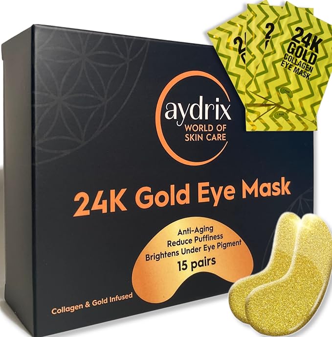 24K Gold Under Eye Mask Treatment - Corrects Puffy Eyes, Dark Circles - Reduces Wrinkles, Fine Lines and Hydrates Your Skin - 15 Golden Eye Mask Pairs